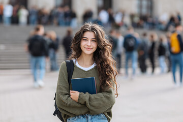  Female student, smiles and stands near university entrance. Woman portrait banner with copy space. Learning on campus