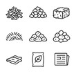 © Vitalii - Mulching Material Icons. Line style icons of Mulching Materials: shredded bark, wood chips, straw bale, grass clipping mound,
