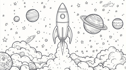 a drawing of a rocket ship blasting off into space with planets and stars all around it in black and