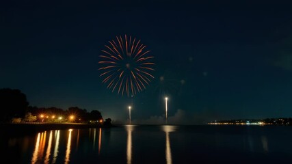 A pair of fireworks exploding high above the ground, leaving a trail of colorful sparks