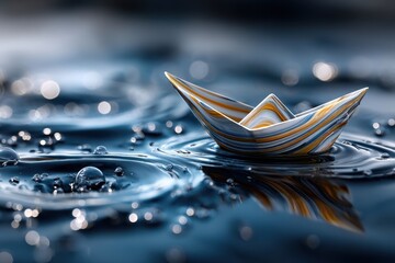 Poster - Colorful paper boat floats gently on water surface surrounded by bubbles