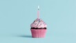 © nan - A single birthday cupcake with pink swirl frosting and colorful sprinkles sits in a pink paper liner,