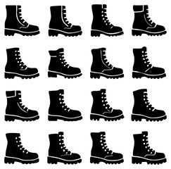 Poster - A stylish arrangement of silhouettes showcases various designs of black hiking boots, perfect for outdoor adventures and fashion-forward footwear concepts. a graphic portrayal of