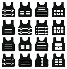 Poster - A collection of bulletproof vest icons a diverse set of graphic representations depicting protective body armor, including styles with straps, panels, and pockets for safety and