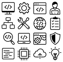 Poster - A collection of coding icons are presented in this image, ideal for representing software development, web design, and technology concepts. it depicts various symbols such as a