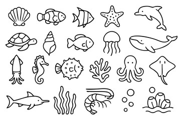 Poster - A collection of cute sea creatures outlined in black and white a charming illustration featuring a variety of marine life for designs, crafts, and educational materials.
