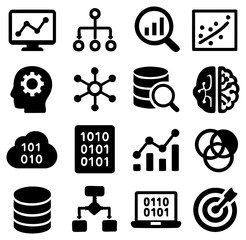 Poster - A collection of data analysis icons illustrating data processing, databases, cloud computing, and statistical analysis for modern business and technology.