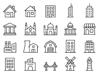 Poster - A collection of diverse architecture icons presents a modern, minimalist design, featuring outlines of buildings, structures, and landmarks, perfect for architectural design, web