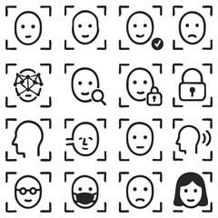 Poster - A collection of face icons, the image showcases a variety of different face illustrations within square frames, including a network and other symbols, and is ideal for