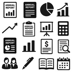 Poster - A collection of financial icons, including annual report document icons, pie chart, and growth charts, are presented in a clean, minimalist style, ideal for illustrating concepts