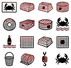 Poster - A collection of fishing and crabbing equipment illustrations, featuring nets, traps, buoys, and crabs, ideal for aquaculture, maritime, and coastal-themed projects, suitable for