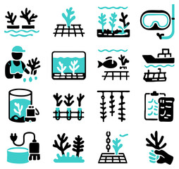 Poster - A collection of illustrated icons depicting aqua-themed elements, featuring water, aquatic life, and related concepts in a modern, minimalist, and abstract style. a versatile