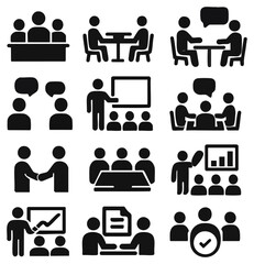 Poster - A collection of meeting icons and discussion symbols, showcasing teamwork, presentations, and various business interactions. this compilation of icons represents a range of