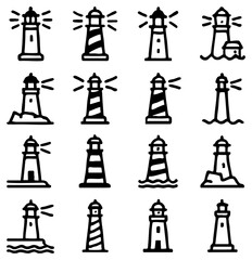 Poster - A collection of lighthouse icons a diverse set of artistic renderings of lighthouses, showcasing various designs and architectural styles, perfect for nautical themes and coastal