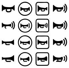 Poster - A collection of megaphone icons, representing communication and announcements, in various design styles including rounded, framed, and standard, ideal for design projects and