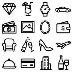 Poster - A collection of minimalist icon illustrations for luxury and lifestyle concepts, showcasing elements such as diamonds, champagne, and travel symbols.