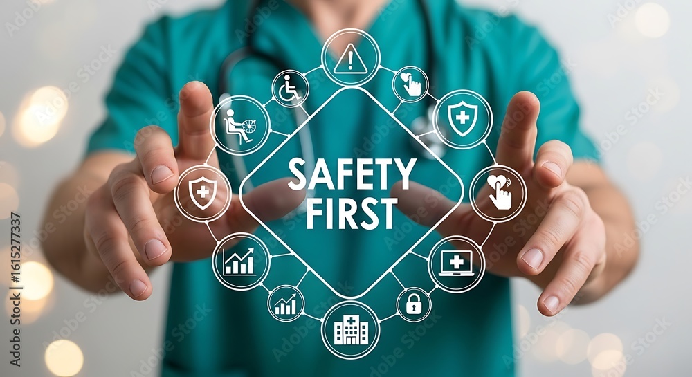 Safety first concept in healthcare showing safety icons and doctor ...