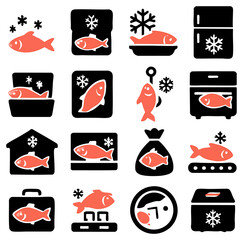 Poster - A collection of stylized fish icons representing seafood preservation and freshness, perfect for culinary and food-related designs, featuring fish in various settings and
