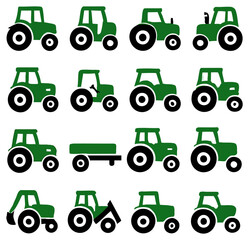 Poster - A collection of stylized green tractor illustrations, showcasing a variety of perspectives and angles, ideal for agricultural design, farm-themed projects, and conveying concepts