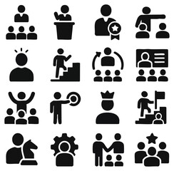 Poster - A collection of stylized icons representing various concepts related to business, including ideas, teamwork, problem-solving, success, and leadership.