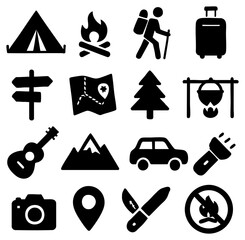 Poster - A collection of stylized icons representing various themes like travel, hobbies, and outdoor activities, perfect for digital design and user interface applications, providing a