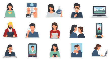 Poster - A collection of stylized illustrations showcases diverse individuals using technology, including smartphones, laptops, and tablets, highlighting modern communication and digital