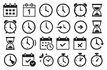 Poster - A collection of time icons representing clocks, calendars, and sandglasses in a simple, modern design. a versatile graphic resource for projects related to time management,