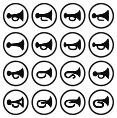 Poster - A collection of stylized trumpet icons is presented in a grid formation within a white background. the trumpet illustrations, each enclosed within a circular frame, display a