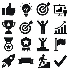 Poster - A collection of success icons a visually appealing assortment of success-themed icons, featuring a thumbs-up, lightbulb, bullseye, presentation chart, trophy, rocket, and more,