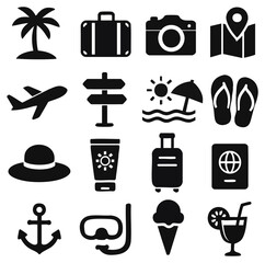 Poster - A collection of travel icons illustrative black and white symbols representing vacation and tourism elements, ideal for web design, print, and infographics, featuring sun, beach,