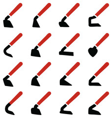 Poster - A collection of various hoe designs showcased on a white background, representing gardening tools and agricultural equipment, offering a diverse range of options for cultivation
