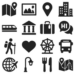 Poster - A collection of various icon sets in monochrome. a diverse set of icons representing travel, communication, food, and other concepts, all rendered in a clean, minimalist style