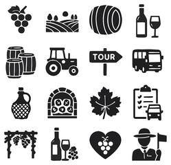 Poster - A collection of wine-related illustrations, showcasing a diverse selection of elements associated with wine production and enjoyment. the image includes grapevines, bottles,