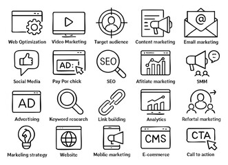 Poster - A comprehensive collection of marketing icons representing various digital marketing strategies, including seo, advertising, social media, and content marketing, perfect for
