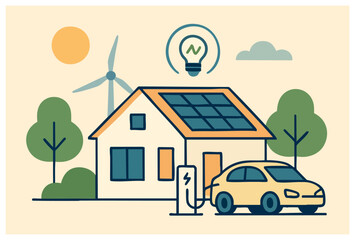 Poster - A depiction of sustainable living through renewable energy, showcasing a house with solar panels, a wind turbine, and an electric car, illustrating eco-friendly practices, a