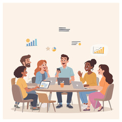 Poster - A diverse team of business professionals collaborate around a conference table, discussing ideas and strategies, with digital devices and data visualizations illustrating their
