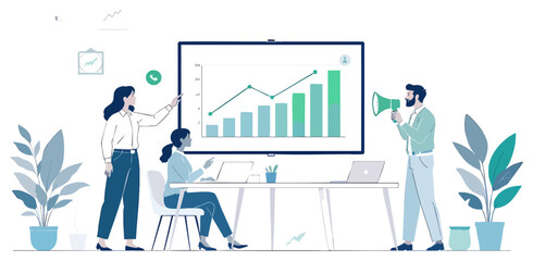 Poster - A graphic illustration depicts business analysis with a chart presentation, teamwork, and communication, showcasing strategic planning, data analytics, and marketing strategies