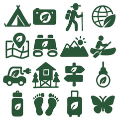 Poster - A set of green nature-themed icons is presented, showcasing elements of eco-tourism and sustainable living. the icons encompass diverse themes, including outdoor recreation,