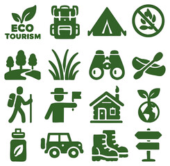 Poster - A set of green eco tourism icons representing various outdoor activities and elements related to nature, including hiking, camping, and environmental conservation, ideal for