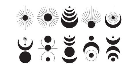 Aufkleber - Collection of minimalist black and white celestial symbols and shapes on a white background