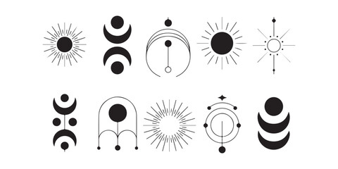 Poster - Collection of sun and moon celestial symbols in black and white minimalist vector illustration