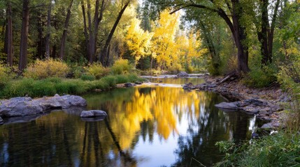  Serene forest stream with golden autumn trees and reflective water