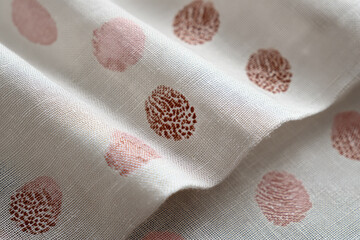Aufkleber - Soft white linen fabric with brown and pink fingerprint pattern, delicate texture, abstract design, creative textile, gentle and modern style, close up view