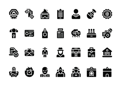 Vector art of a diverse set of business and management icons representing various aspects of modern corporate life