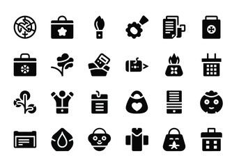 Vector art of a collection of various black and white icons representing diverse concepts and symbols for user interface