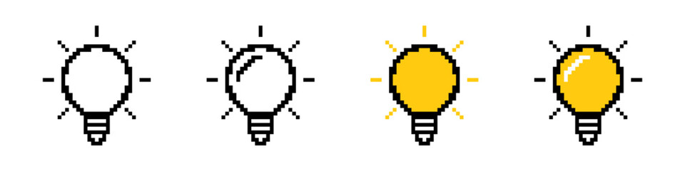 Wall Mural - Lightbulb pixel icons set. Lighting electric lamp, idea concept, electricity, shine. Pixel art.