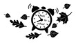 © Mirikiteki - Back to School Autumn Alarm Clock. Black Silhouette Vector of Ringing Clock Surrounded by Falling Leaves, Seasonal School Start Concept for Education, September, and Morning Wake Up Design
