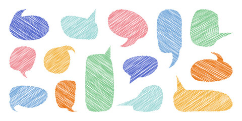 Poster - Speech bubble set, scribble text boxes with hatching, school decorative design element and stickers, talk and thoughts backgrounds. Vector illustration.