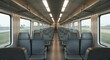 © sri - Interior view of a modern passenger train car, empty with grey seats and a blurred landscape visible