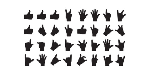 Poster - A collection of black hand silhouettes showing various gestures on a plain white background design layout